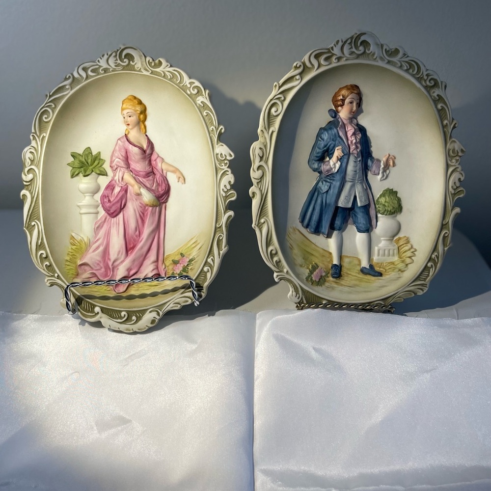 Vintage Lefton Pinkie And Blue Boy 3D Porcelain Bisque Plaque Set KW1805 Japan